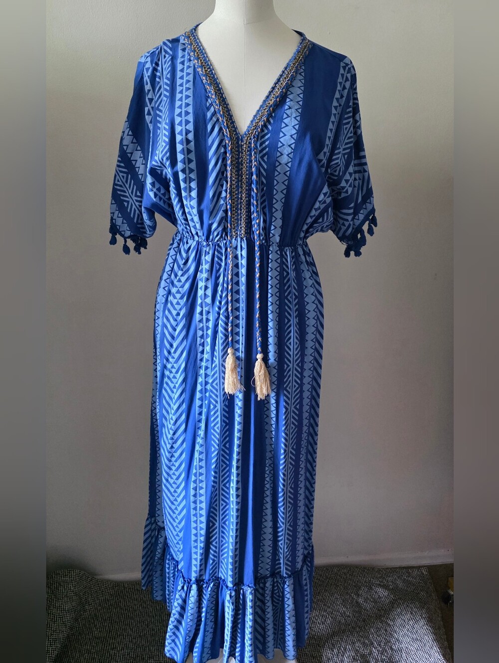 Blue V-Neck Tassel Maxi Dress